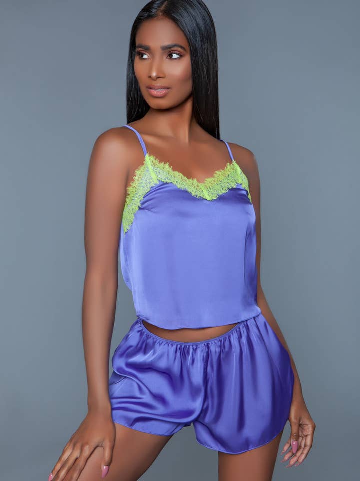 Purple Neon Yellow 2031 Callie Satin PJ Set for wholesale on Faire