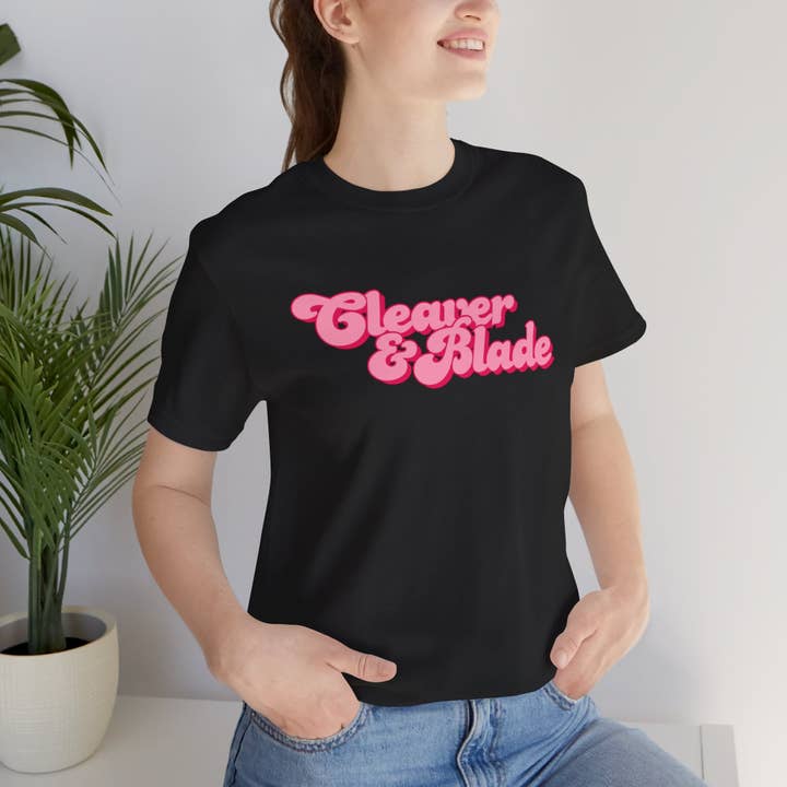 Cleaner & Blade Pink Retro Logo Tee for wholesale by Cleaver And Blade