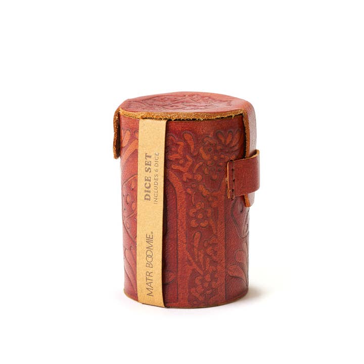 Matr Boomie Fair Trade - Wholesale Dice - Leather Dice Cup Set - 6 Dice, Hand Tooled