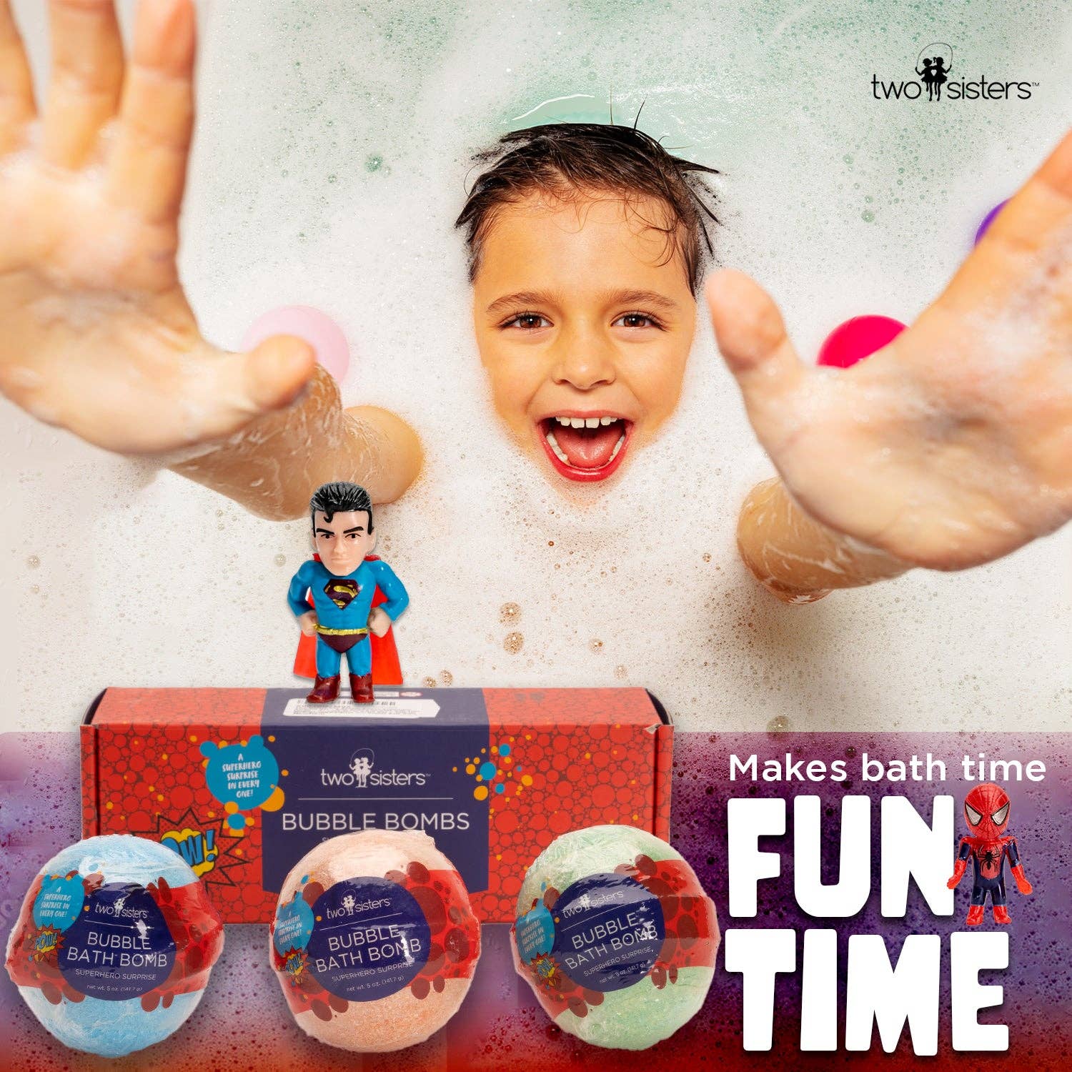 Two Sisters Spa - Vente Bombe de bain/poudre effervescente pour le bain - Coffret cadeau Superhero Kids Bath Bombs avec jouets à l'intérieur — Paquet de 31