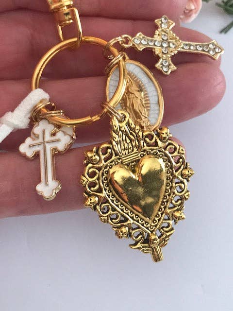 Miss DJ Angel - Wholesale Keychain - Women's - Virgin Mary keychain with sacred heart and cross, gift for virgin mother, miraculous medal virgin charm, ex-voto keychain3