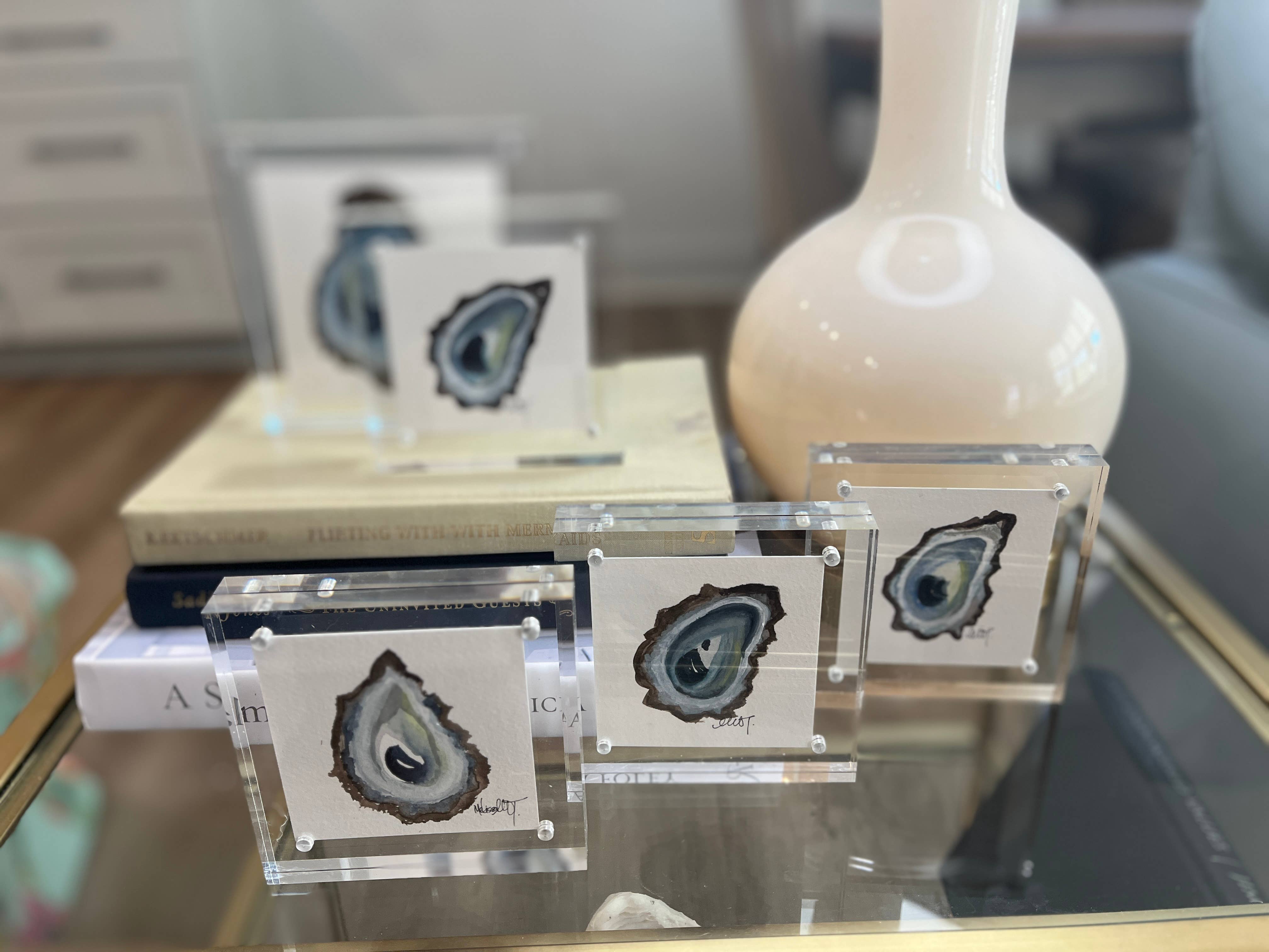 Paper Shells Studio - Wholesale Painting/Drawing - Original Watercolor Oyster Shell in Acrylic Block Frame, 5x52