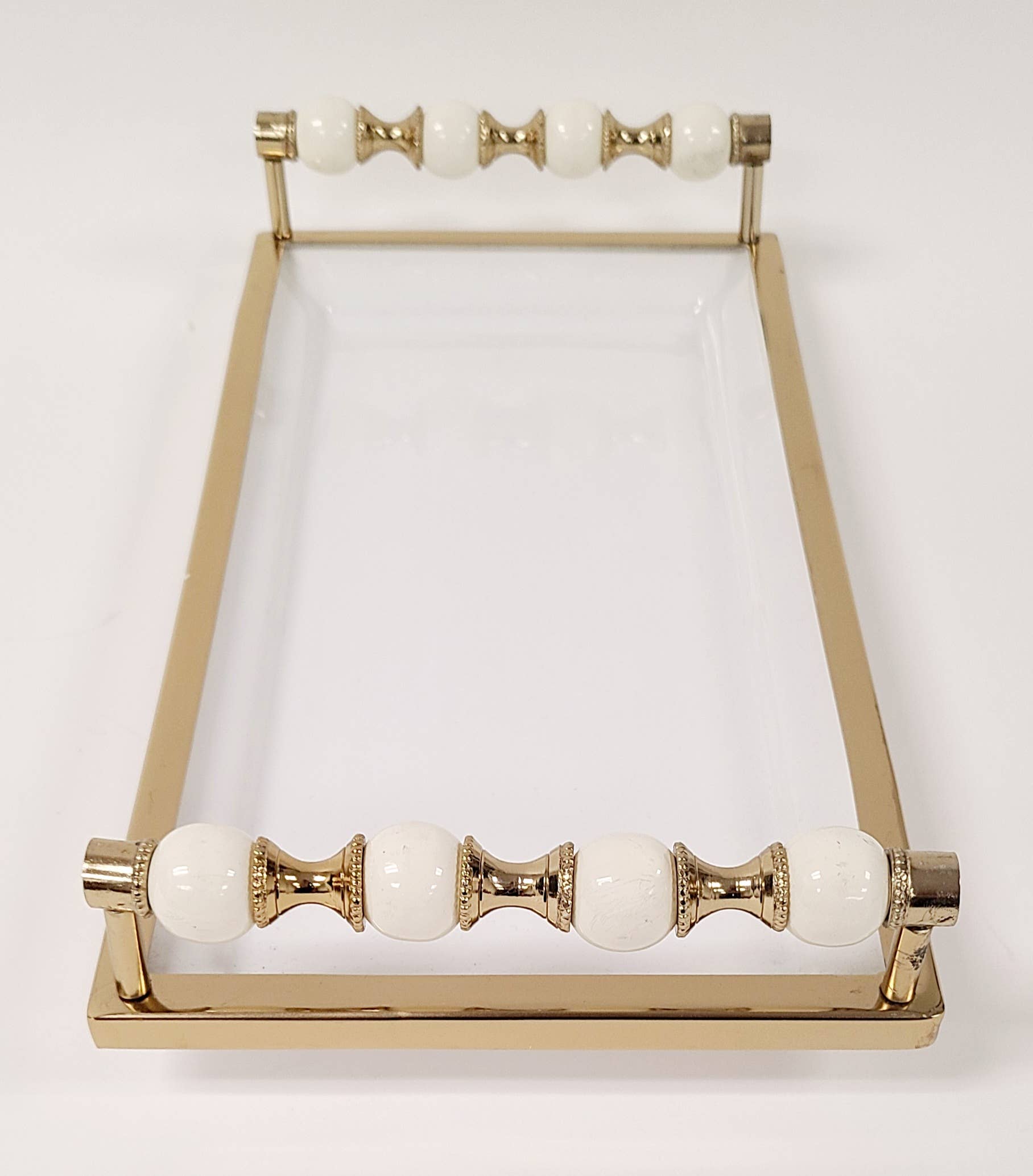 CLASSIC TOUCH DECOR INC. - Wholesale Decorative Tray - White Rectangular Tray with White and Gold beaded Handles2