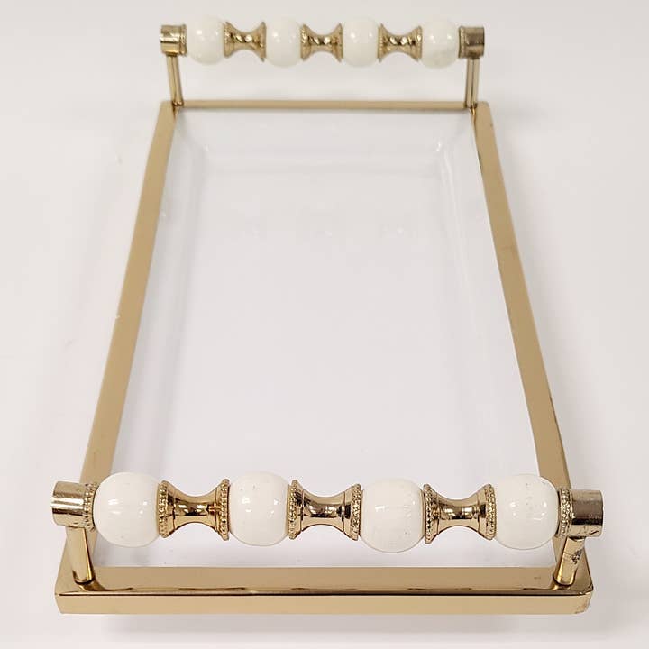 CLASSIC TOUCH DECOR INC. - Wholesale Decorative Tray - White Rectangular Tray with White and Gold beaded Handles2