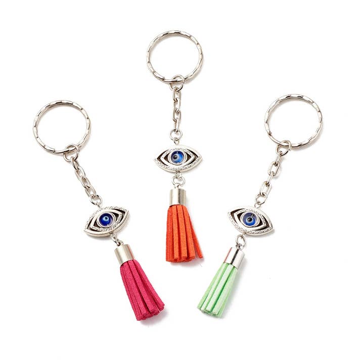 Evil Eye Faux Suede Tassel Keychain, Assorted Colour for wholesale by VIE