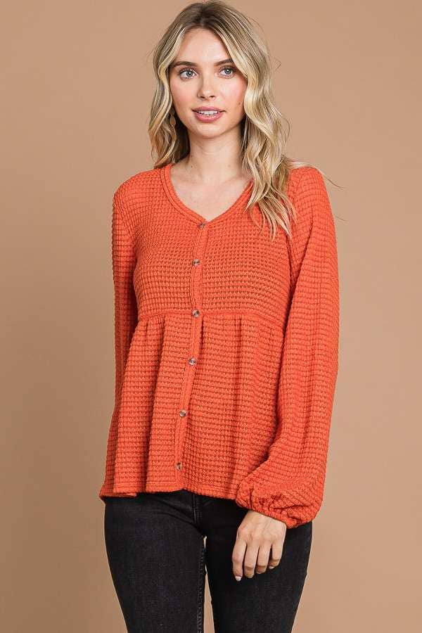 Culture Code - Wholesale Knit Top - Women's - CHT1821L - BUTTON DOWN RUCHING DETAIL LSLV TOP13