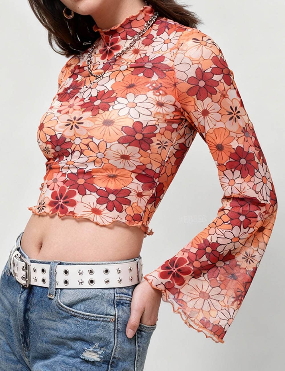 Sweetkama – wholesale Knit top – Women's – Ladies Print Flare Sleeves Mesh Crop Top SKT24170