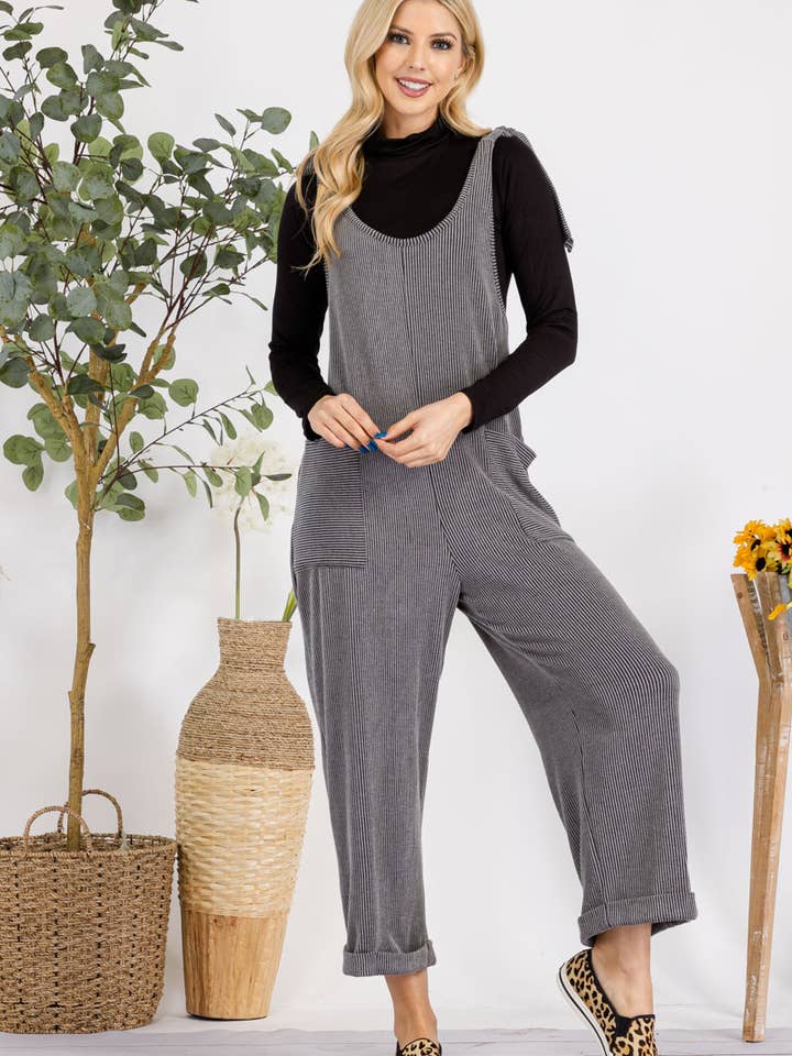 Celeste Clothing – Großhandel Jumpsuit – Damen – Plus-Size verstellbarer Rippen-Overall mit Fronttaschen - CP4387340