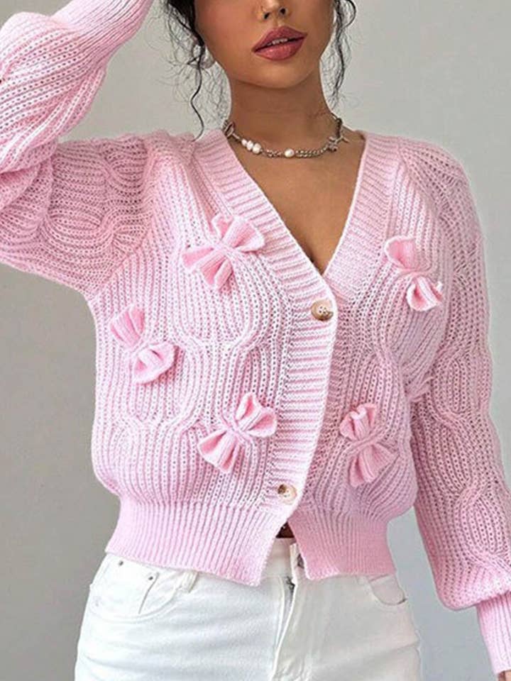 Bow Lantern Sleeve Button-down Cardigan for wholesale by Red Clover USA