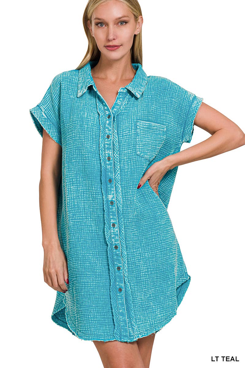 42POPS - Wholesale Dress - Women's - `.Washed Double Gauze Button Down Shirt Dress5
