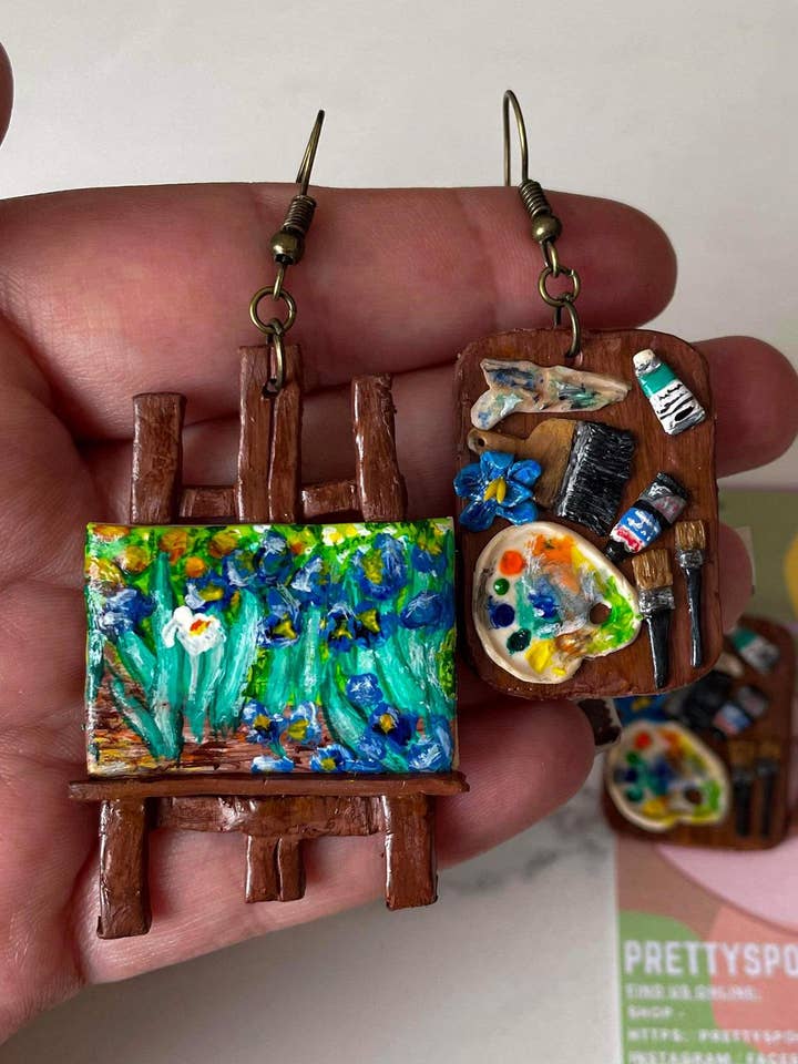 Boucles d'oreilles en pâte polymère - Iris de Van Gogh pour la vente par PrettySpookyDesigns