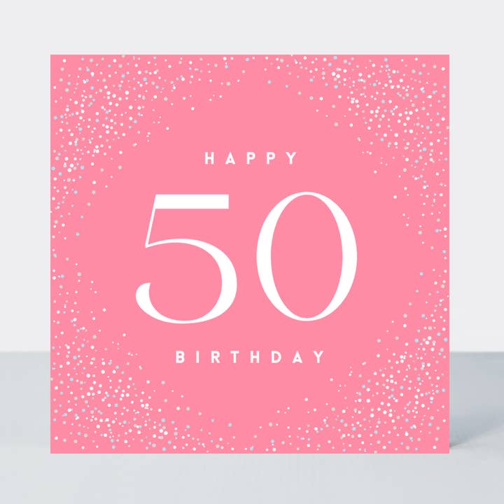 Carte d'anniversaire 50 ans — motif galaxie rose à confettis pour la vente par Petimo