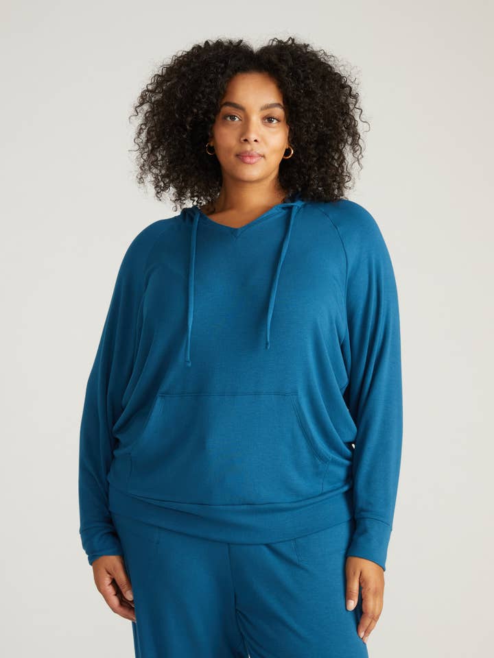 TravelKnit V Neck Hoodie - Blue Teal for wholesale by Universal Standard