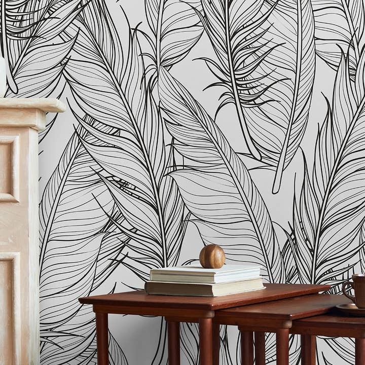 Papel pintado bohemio de plumas, papel pintado moderno en tonos neutros suaves para venta al por mayor de SimurgWallArts