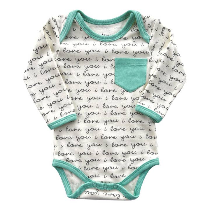 GOTS Certified Organic Cotton Long Sleeve Bodysuit - I Love You (Mint) for wholesale by Cat & Dogma