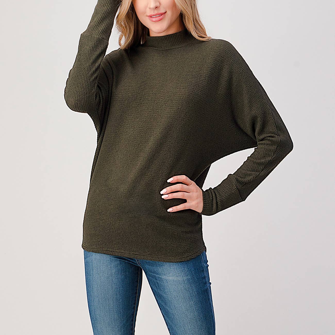 Heimious - Wholesale Knit Top - Women's - Mock Neck Long Dolman Sleeve Ribbed Knit Top, T26130