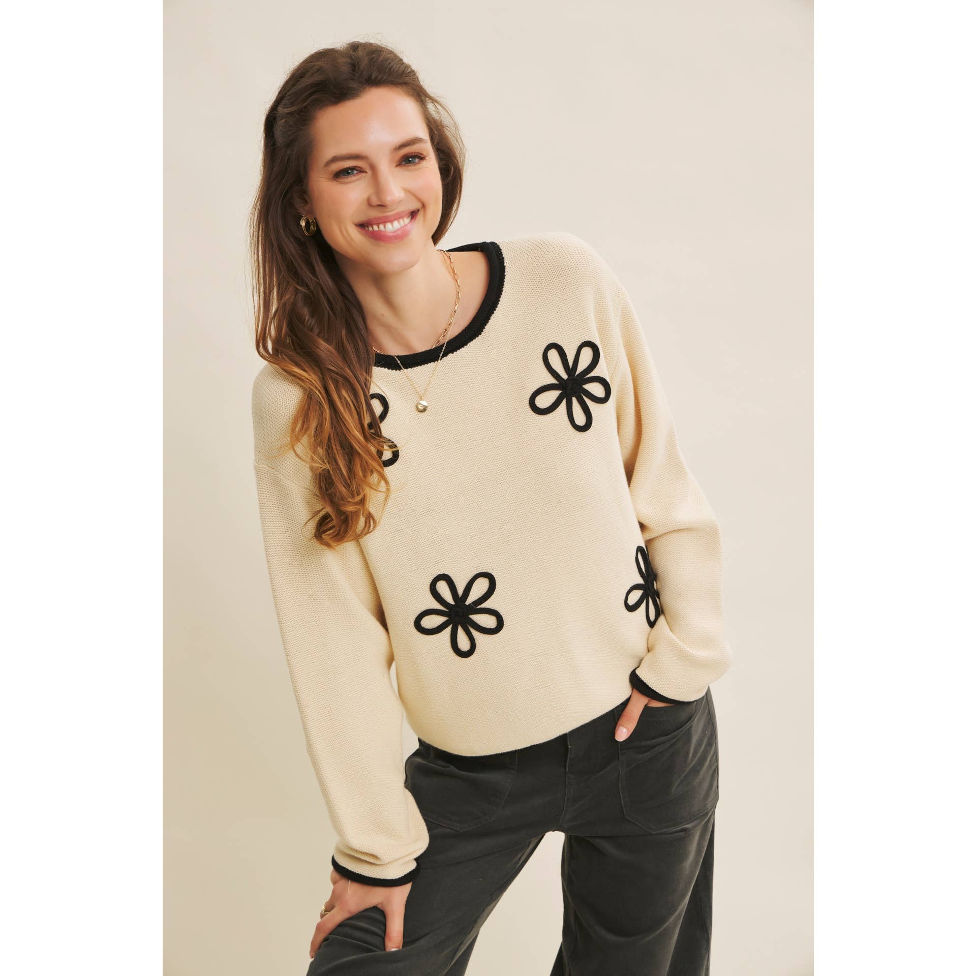 in february - Wholesale Knit Sweater - Women's - EFFORTLESS COMFORT CONTRAST FLORAL APPLIQUE SOFT SWEATER4