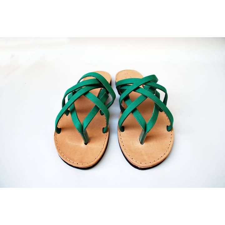 Sandalias verdes para mujer con tres tiras de cuero para venta al por mayor de Nikola Sandals