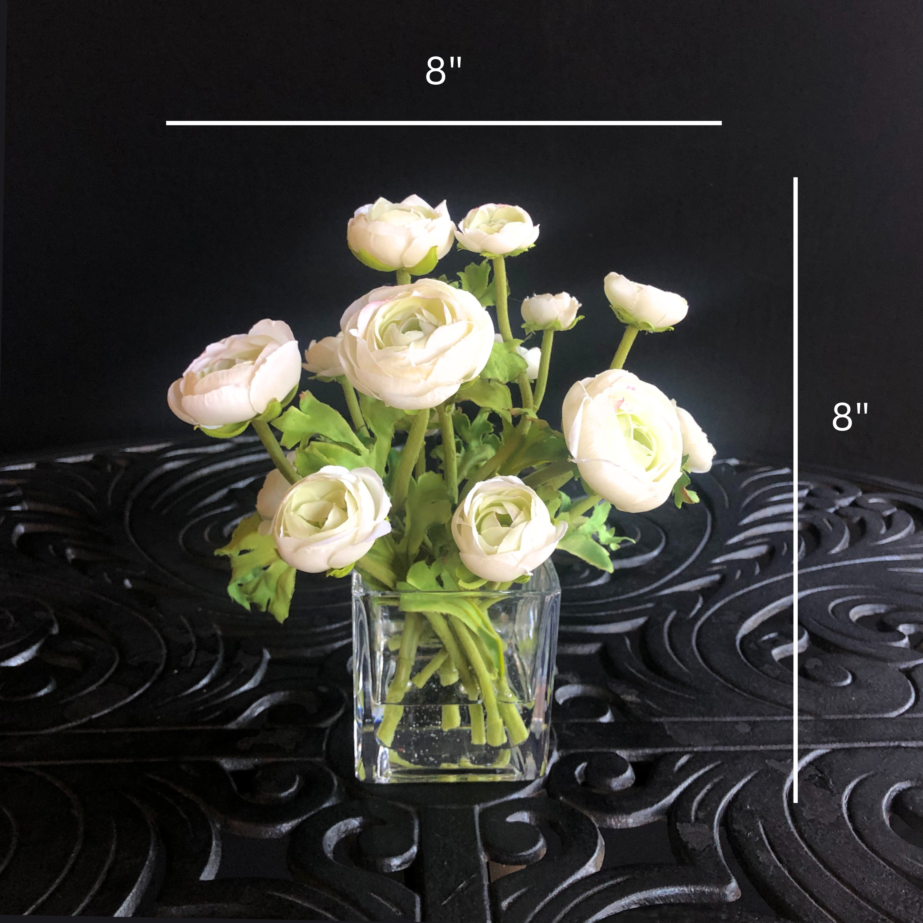 Vivian Rose LLC - Wholesale Artificial Flowers - Silk Ranunculus Flowers in Glass Vase - 8"3