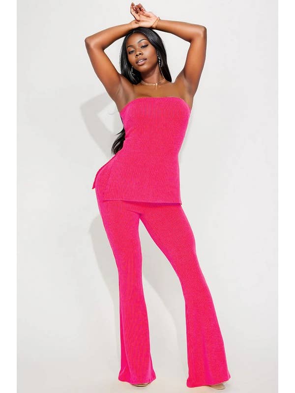 5besties inc - Vendita all'ingrosso Completo top e pantaloni (NON loungewear) - Donna - Set top tubolare e pantaloni svasati in maglia a costine7