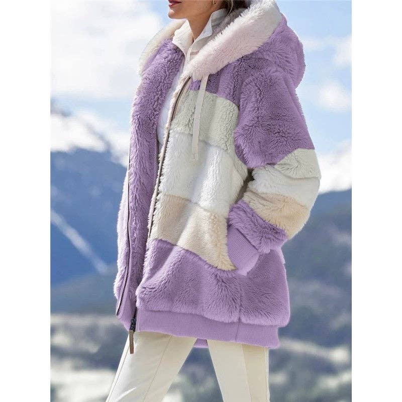 Ekartini - Vendita all'ingrosso Pelliccia/Pelliccia sintetica - Donna - Giacca invernale da donna alla moda in peluche patchwork con tasca con cerniera Giacca invernale con cappuccio Cappotto a maniche lunghe allentato retrò8
