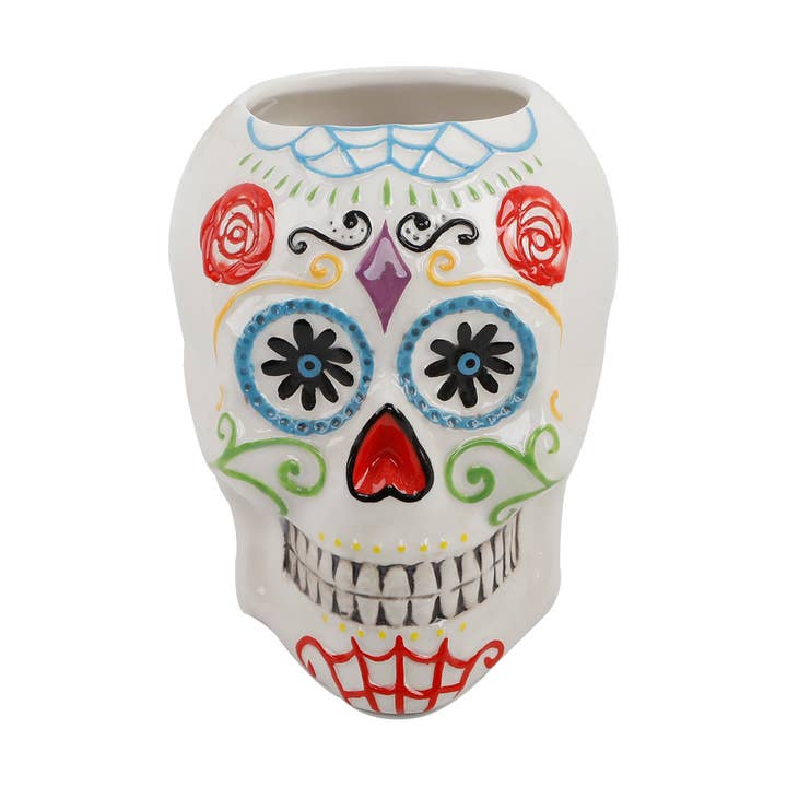 Colorful Sugar Skull Ceramic Planter for wholesale by Flora Bunda Inc