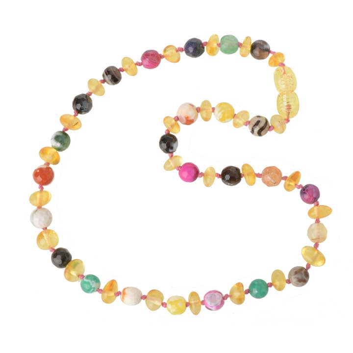 Halv barok rav & facetteret farverige agat halskæde for engroshandel hos The Natural Amber