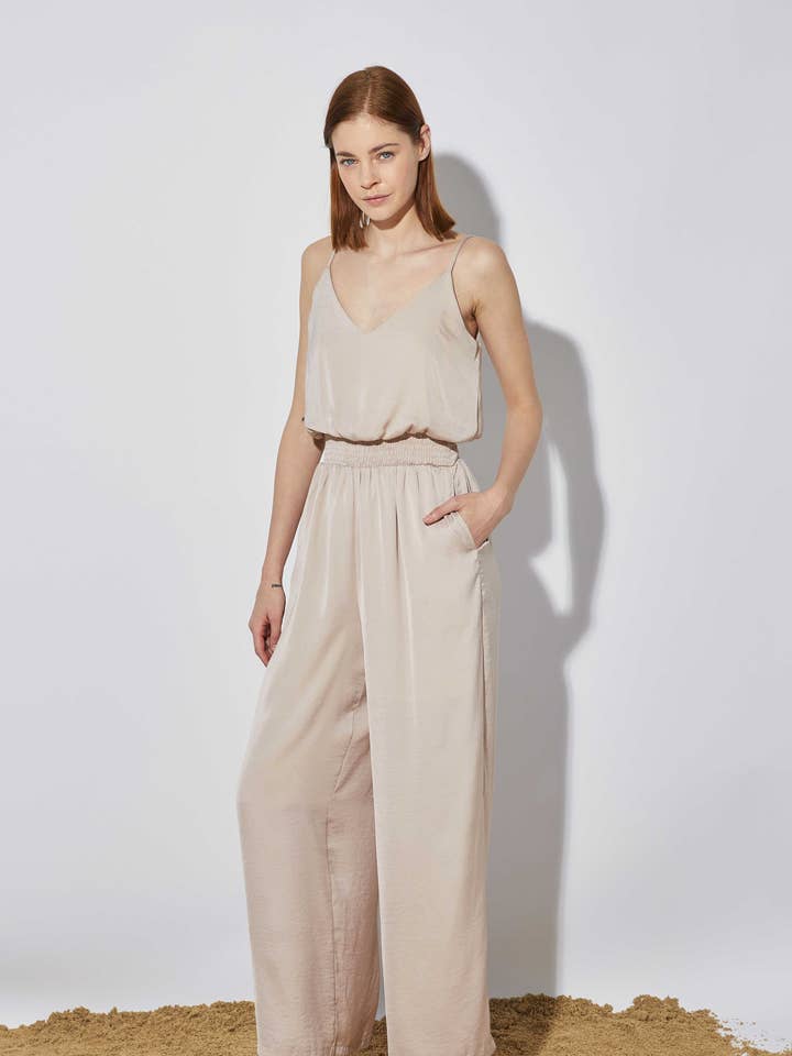 Fluid jumpsuit with straps and elastic waist for wholesale by ELLI WHITE