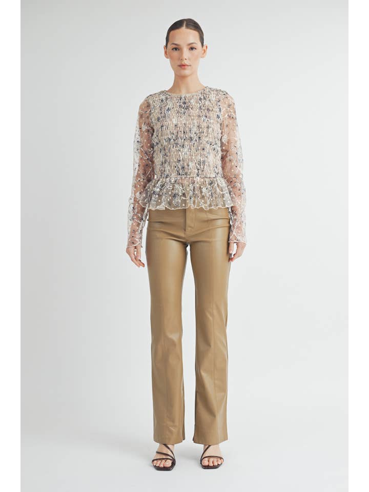 cream Sheer Smocked Embroidered Mesh Peplum Top for wholesale on Faire5