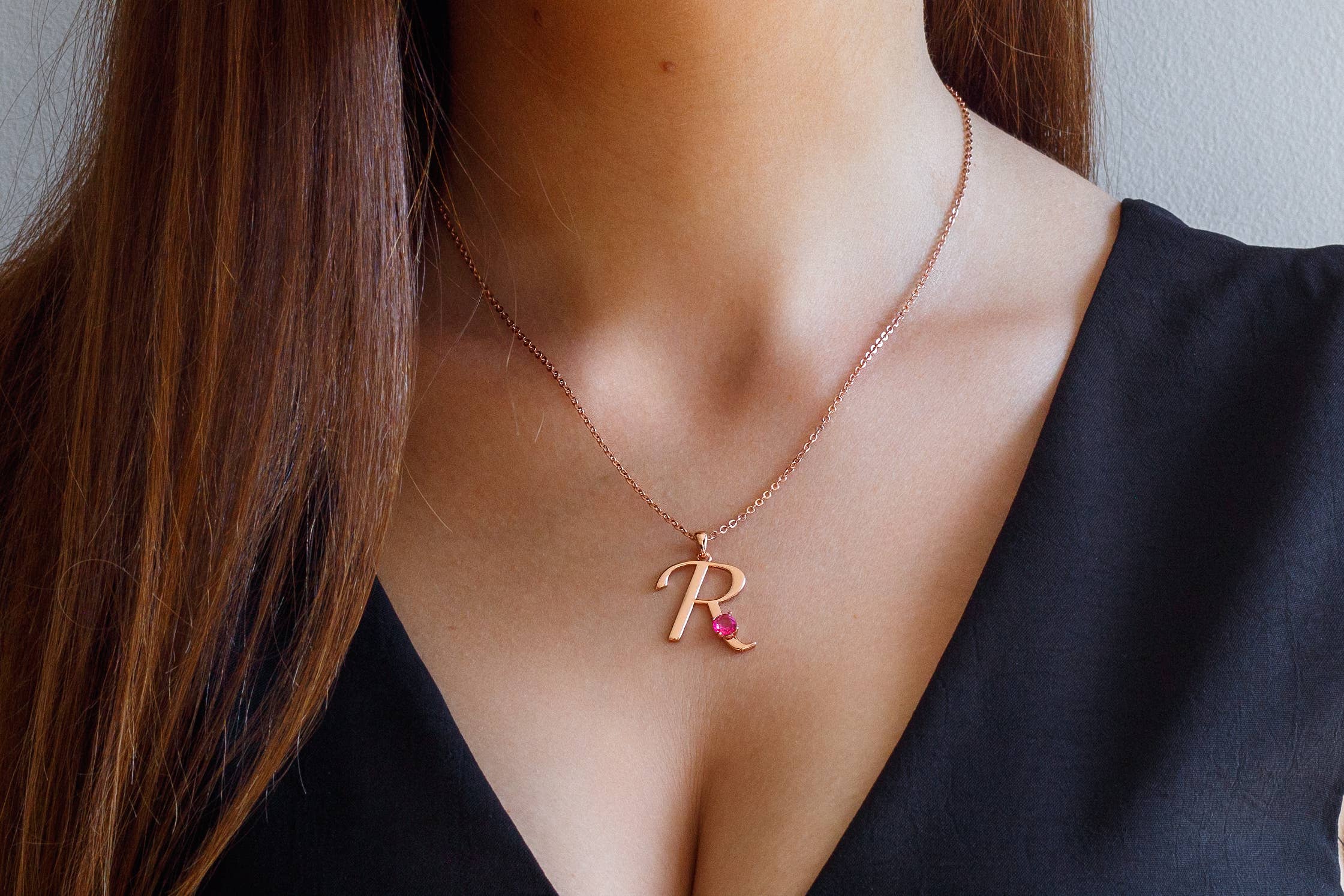 Thesoftcheek Jewelry - Wholesale Pendant/Charm Necklace - Initial Letter Necklace Silver Rose Gold Vermeil- Pink Topaz26