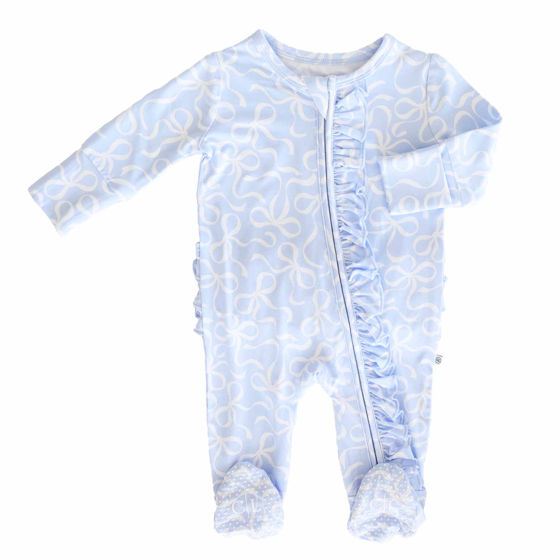 Caden Lane - Wholesale Jumpsuit - Baby - Blue-tiful Bows Ruffle Zipper Footie1