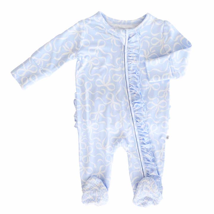Caden Lane - Wholesale Jumpsuit - Baby - Blue-tiful Bows Ruffle Zipper Footie1
