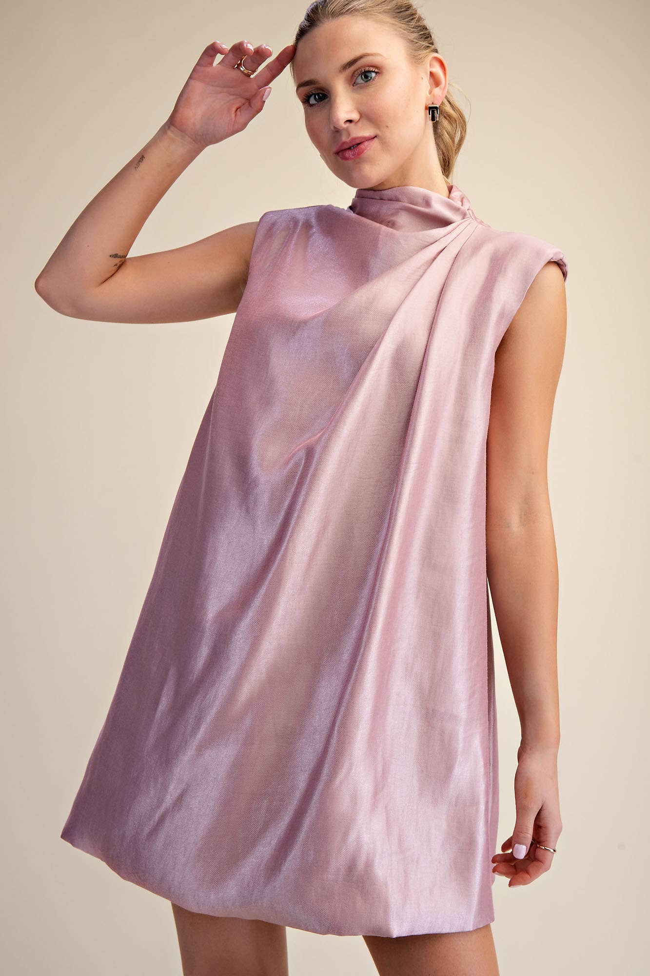 Glam - Wholesale Dress - Women's - Sleeveless Shoulder Pad Gathered Detail Mini Dress7