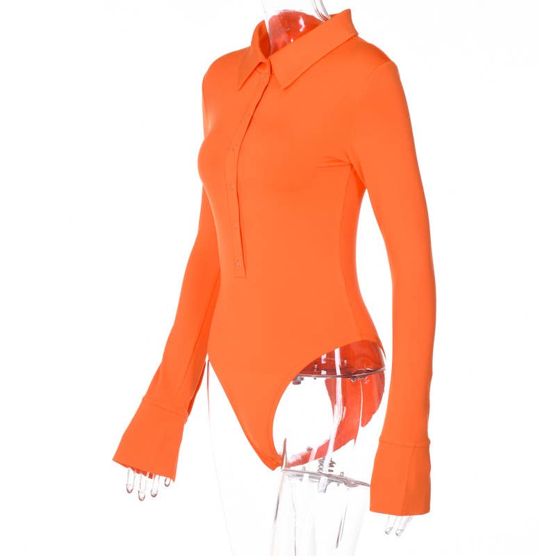 UNISHE - Wholesale Bodysuit - Women's - Plain Button UP Long Sleeves One Piece Bodysuit ZZKF41021