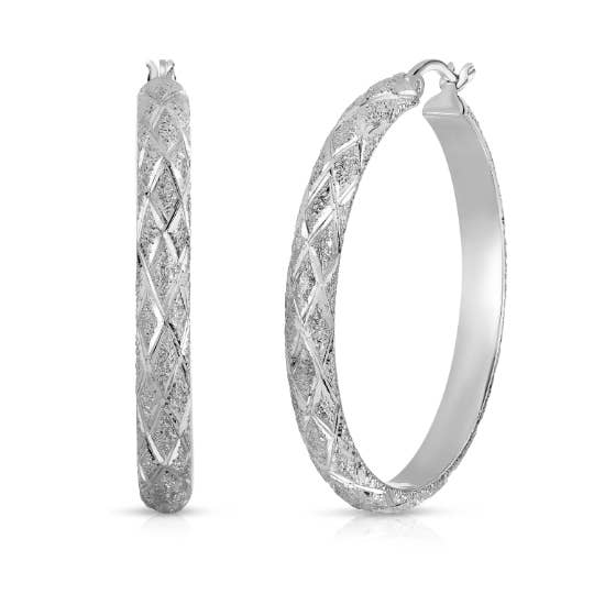 Brilliant Sterling Silver X-pattern Round Hoop Earrings for wholesale by NY Gold & Silver Trading Inc.