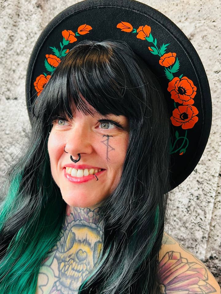 Vegan Felt Wide Brim Hat - "Poppies" for wholesale by Witchwood Bags