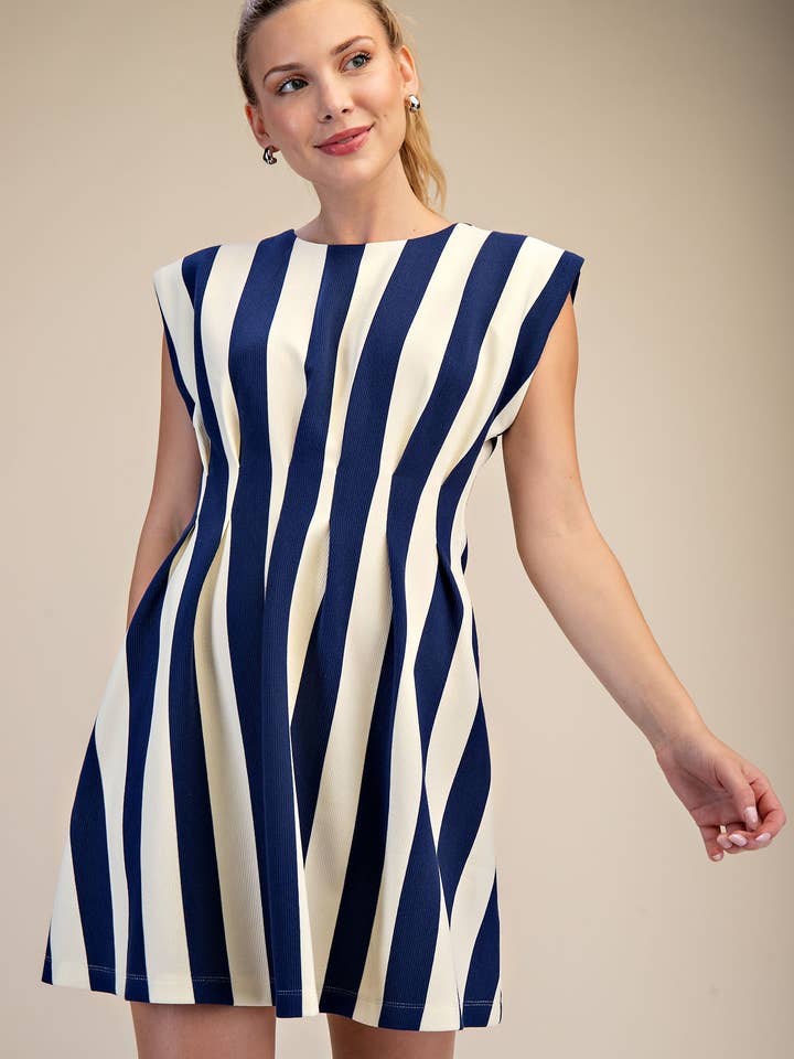 Round Neck Waist Pleated Mini Dress for wholesale by Glam