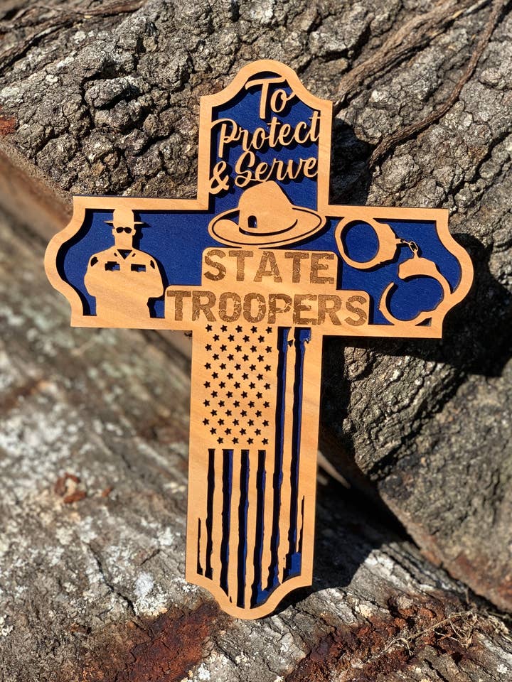 Wooden State Trooper Cross for wholesale by Creations with Hart