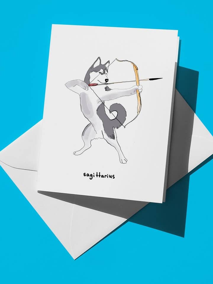 Sagittarius Birthday Card - Cute Husky Archer Illustration, Funny Zodiac Card for Dog Lovers, Perfect Gift for Astrology Fans for wholesale by semiserious studio