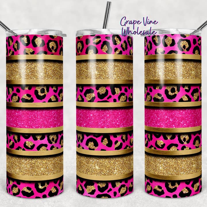 Hot Pink & Cheetah Stripe Glitter Burst 20oz Tumbler for wholesale by GrapeVineWholesale