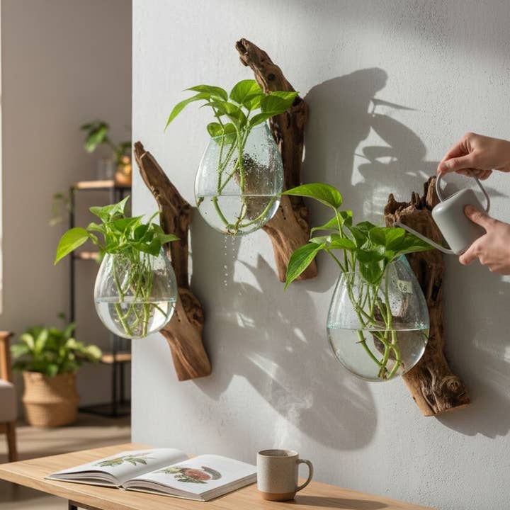 Driftwood Vertical Wall Planter with Hand-Blown Glass Vase for wholesale by Handicraft Heaven