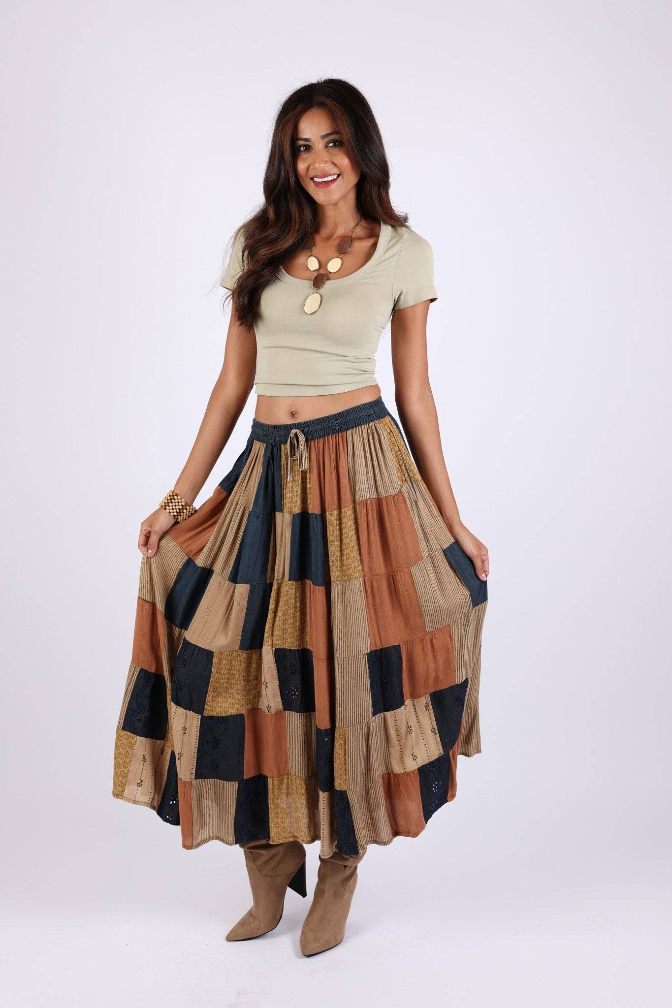 Sacred Threads - Wholesale Skirt - Women's - Earth-Tone Denim Skirt: Patchwork Color block2