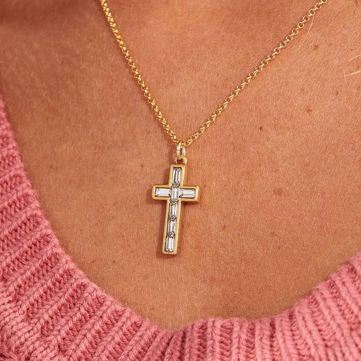 Luca + Danni - Wholesale Pendant/Charm Necklace - Baguette Cross Necklace in Crystal