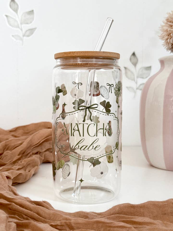 Lux Matcha Babe Glass Tumbler Double Sided & Lid and Straw for wholesale by the cute cloud