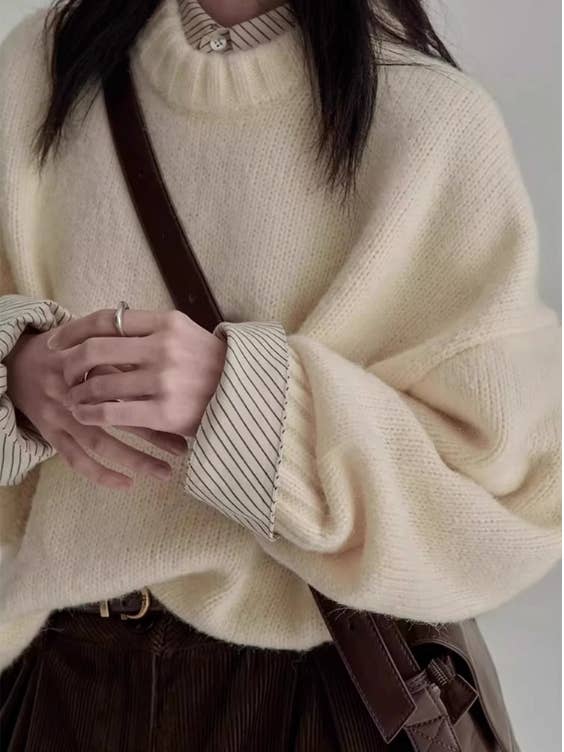 Whisper Mint - Wholesale Knit Sweater - Women's - Chic Oversized Vintage Round Neck Knit Sweater