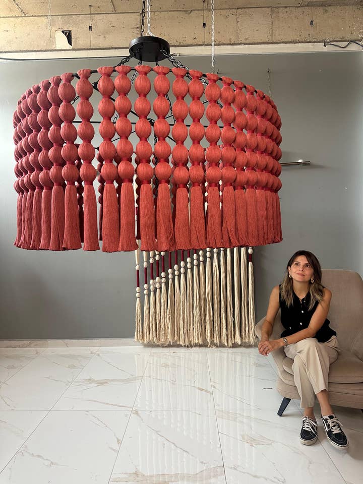 Oversized Red Cotton Chandelier, Handmade Statement Pendant Light for Restaurants, Hotels & Large Living Rooms for wholesale by Joy's Arts