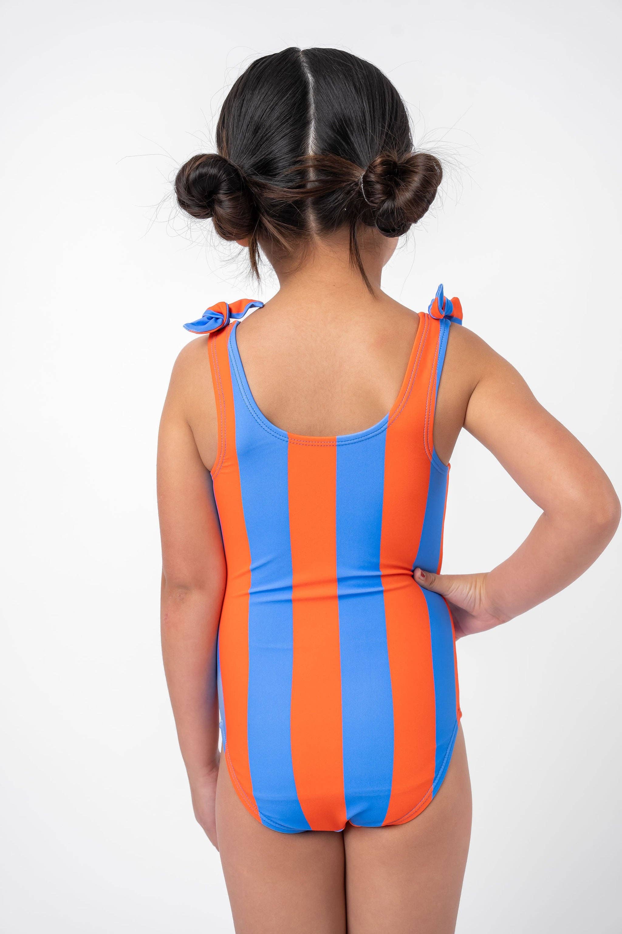 Coral Reef Swim - Vente Maillot de bain une pièce – enfant - Combinaison Enfant à Rayures Orange et Bleue avec Nœud Papillon5