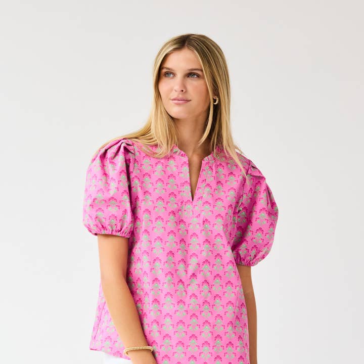 Lainey Top | Deco Lilies Fuchsia for wholesale by Mary Square