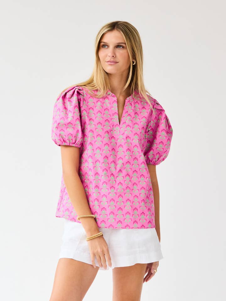 Lainey Top | Deco Lilies Fuchsia for wholesale by Mary Square