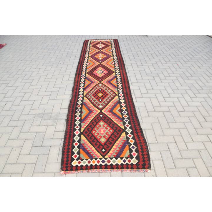 2,8x12,4 ft Teppich, Türkischer Vintage-Läuferteppich, Schwarzer Herki-Wollteppich für den Großhandel von The Loom Wholesale